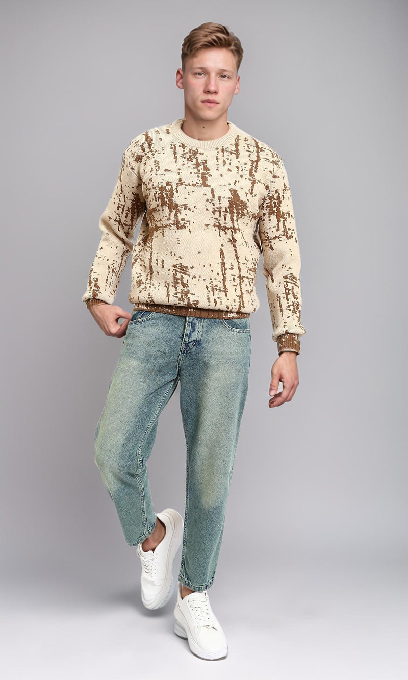 R214475 - Patterned Long Sleeves winter Sweater - Beige & Brown