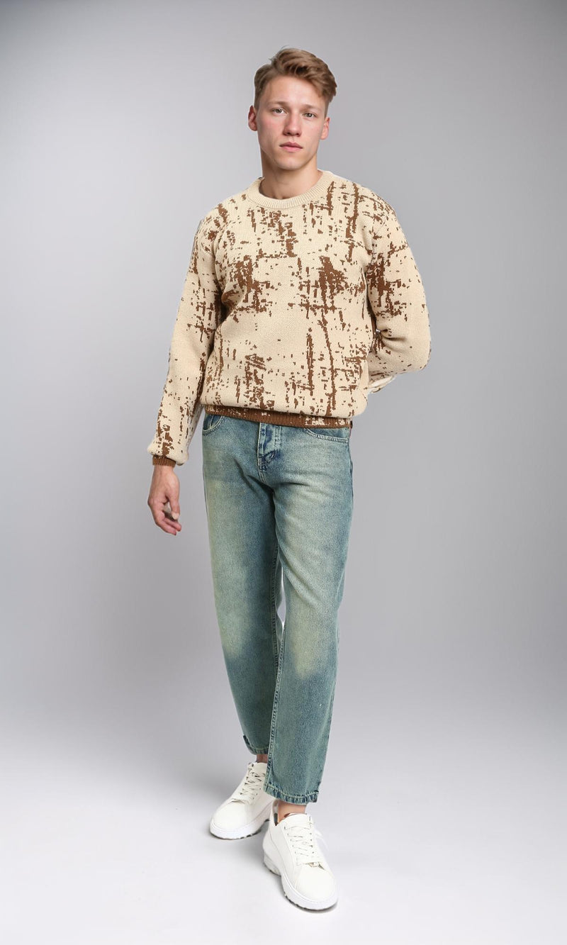 R214475 - Patterned Long Sleeves winter Sweater - Beige & Brown