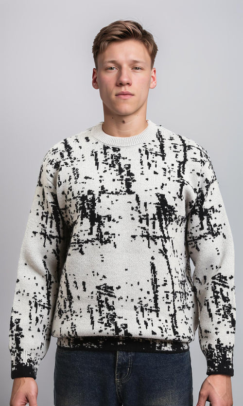 R214476 - Patterned Long Sleeves winter Sweater - Grey & Black