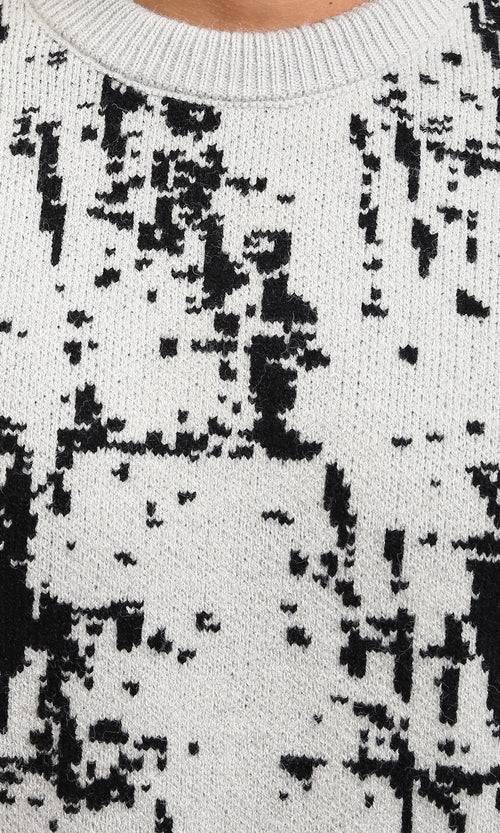 R214476 - Patterned Long Sleeves winter Sweater - Grey & Black