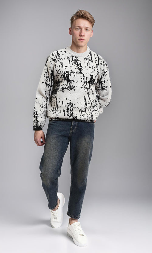 R214476 - Patterned Long Sleeves winter Sweater - Grey & Black