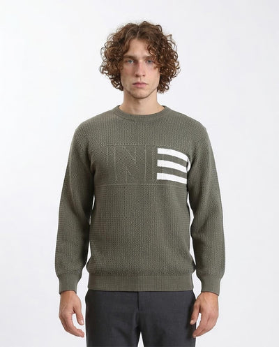 Men's Textured Olive Knit Sweater with Signature Stripe Detail