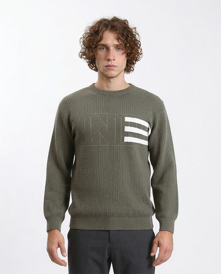Men's Textured Olive Knit Sweater with Signature Stripe Detail