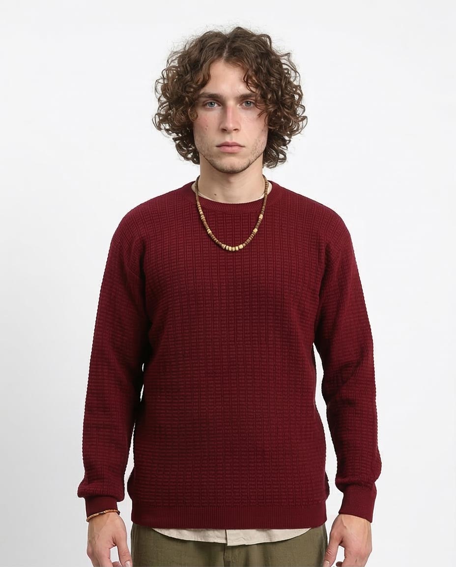 Men's Textured Waffle-Knit Crewneck Sweater - Burgundy