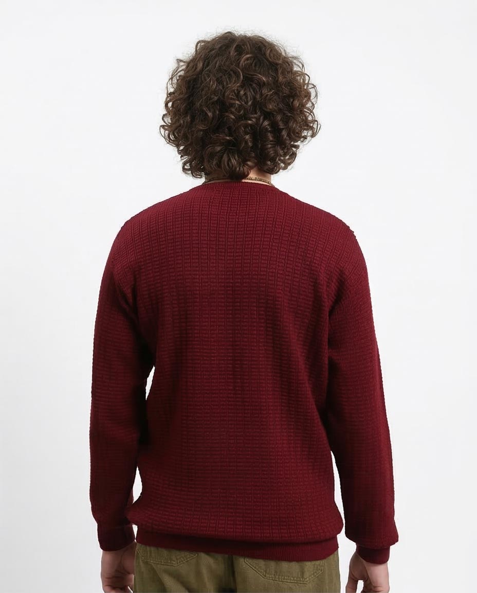 Ravin Men’s Textured Waffle-Knit Crewneck Sweater – Burgundy - R214482