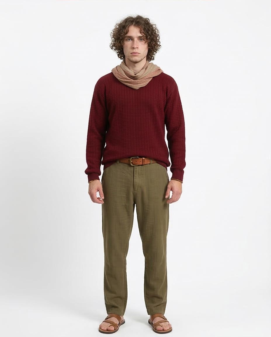 Ravin Men’s Textured Waffle-Knit Crewneck Sweater – Burgundy - R214482