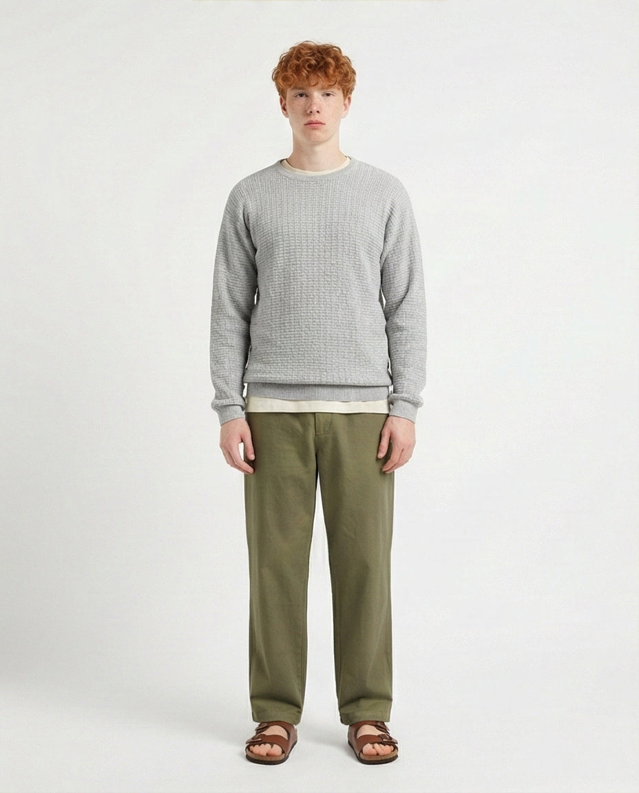 R214483 - Slip On Regular Fit Textured Sweater - Light Grey