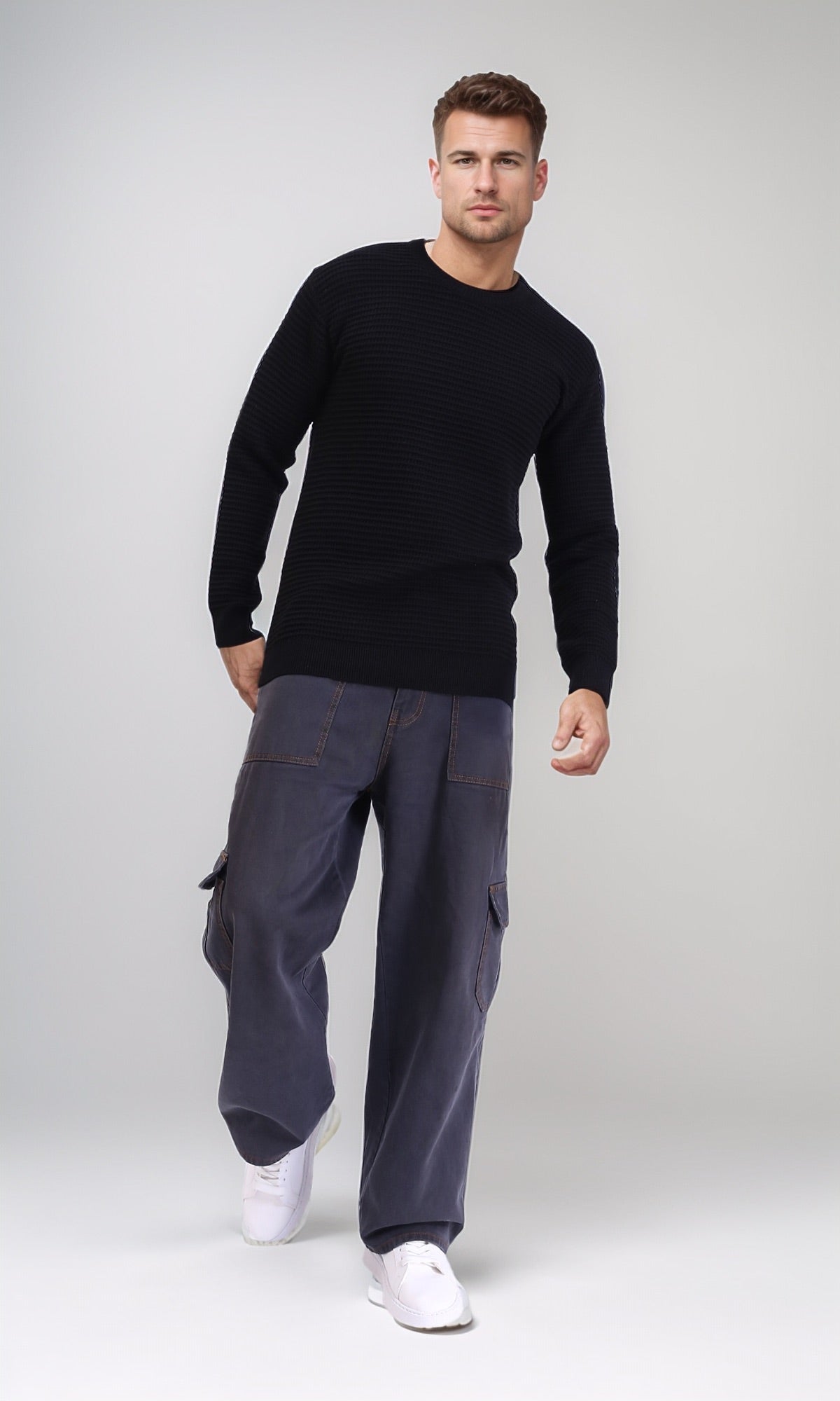 R214484 - Chunky Knit Regular Basic Pullover - Black