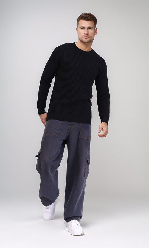 R214484 - Chunky Knit Regular Basic Pullover - Black