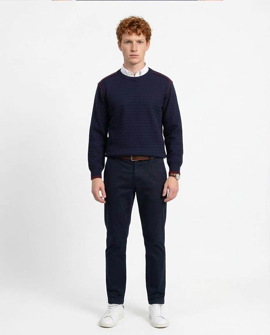 Ravin Men's Zig-Zag Textured Navy Knit Sweater with Contrast Tipping - R214488