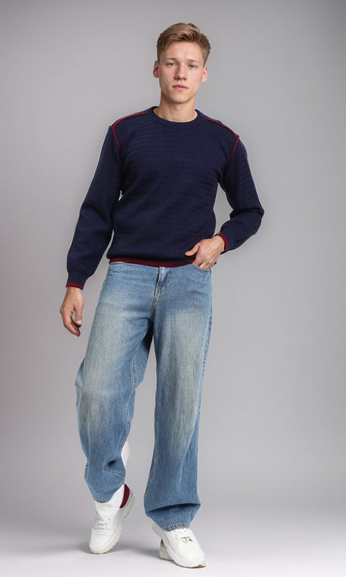 R214488 - Slip On Sweater with Piping Detail - Navy Blue