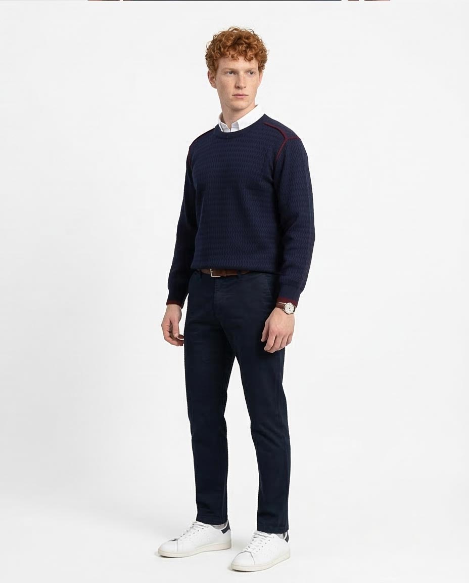 Ravin Men's Zig-Zag Textured Navy Knit Sweater with Contrast Tipping - R214488