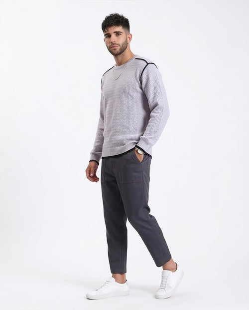 Ravin Men's Textured Chevron Knit Crewneck Sweater with Contrast Piping - Grey - R214489