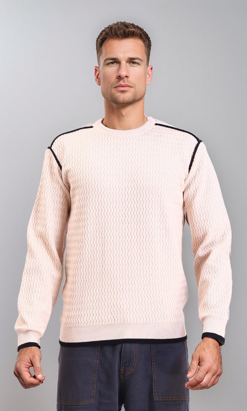 R214490 - Self Wave Line Crew Neck Sweater - Beige