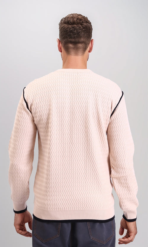 R214490 - Self Wave Line Crew Neck Sweater - Beige