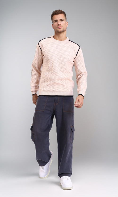R214490 - Self Wave Line Crew Neck Sweater - Beige