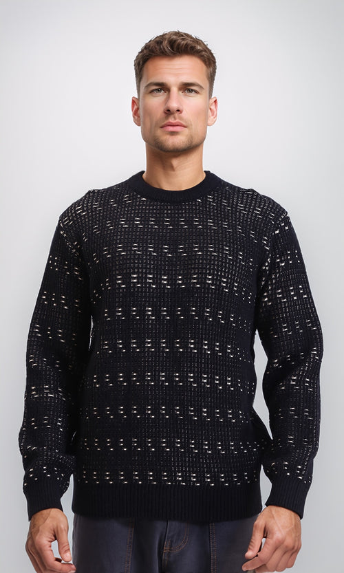 R214493 - Ribbed Round Neck Knitted Pullover - Black