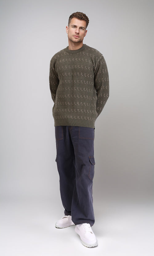 R214495 - Ribbed Round Neck Knitted Pullover - Army Green