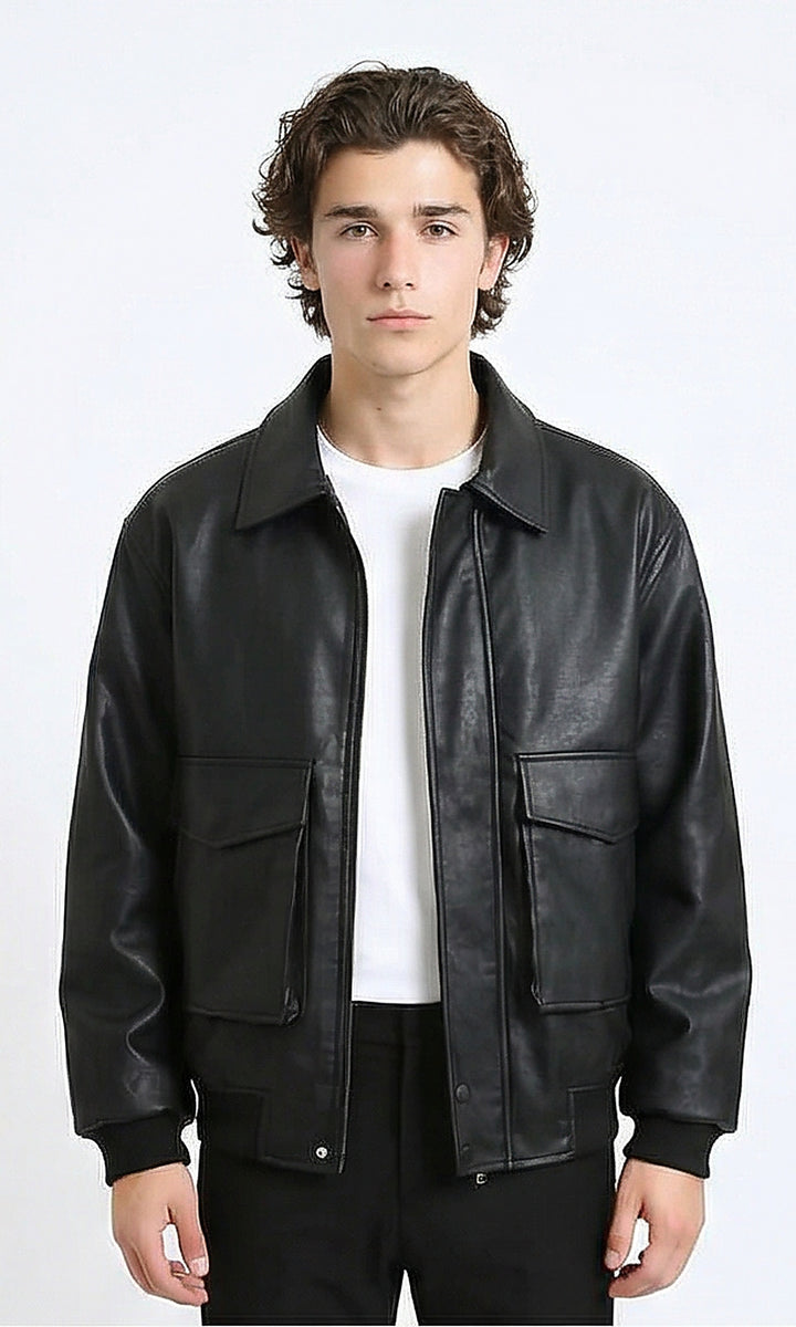 Solid Leather Jacket with Front Pockets - Black