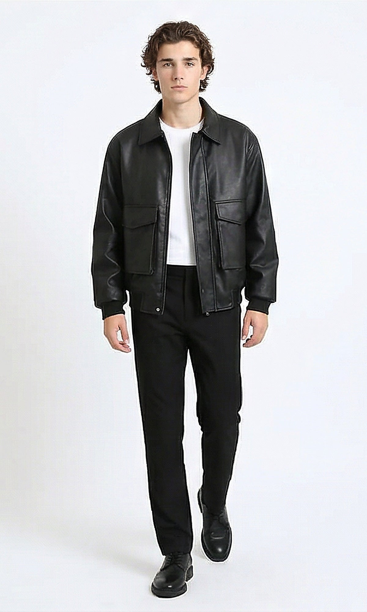 R214518 - Solid Leather Jacket with Front Pockets - Black