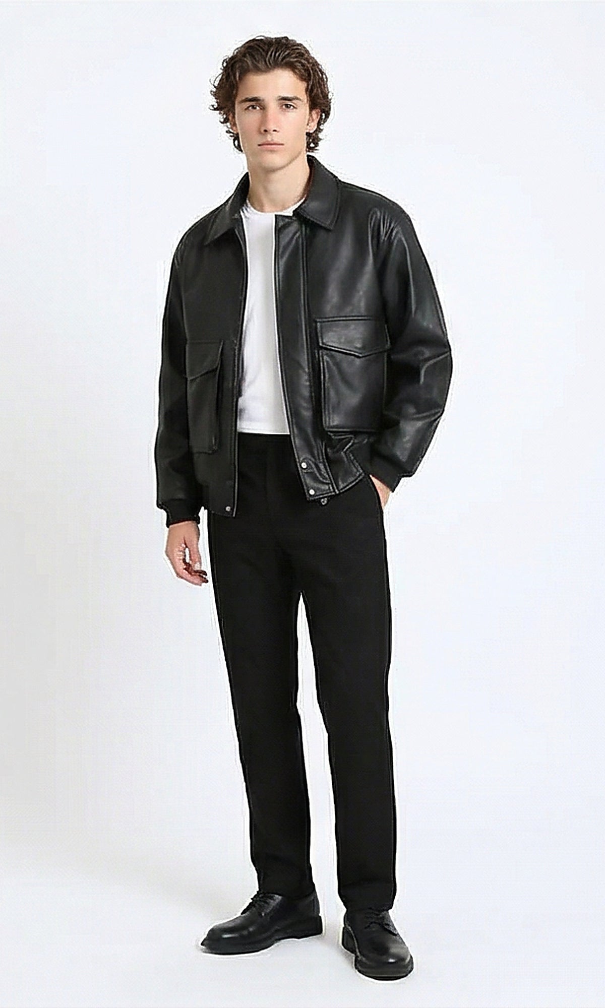 R214518 - Solid Leather Jacket with Front Pockets - Black