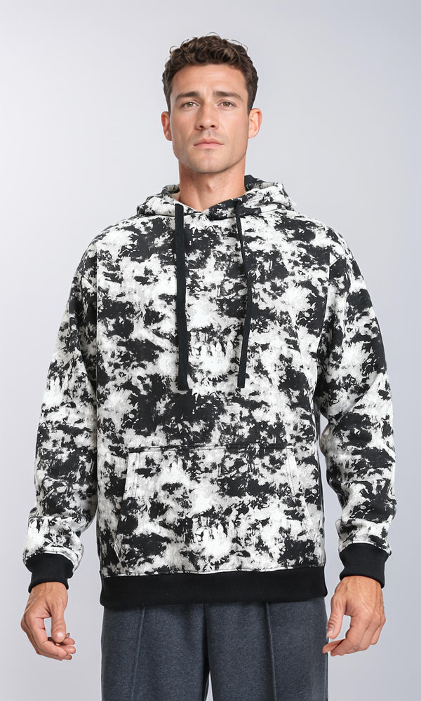 R214519 - Patterned Slip On Hoodie with Kangaroo Pocket - Black & White
