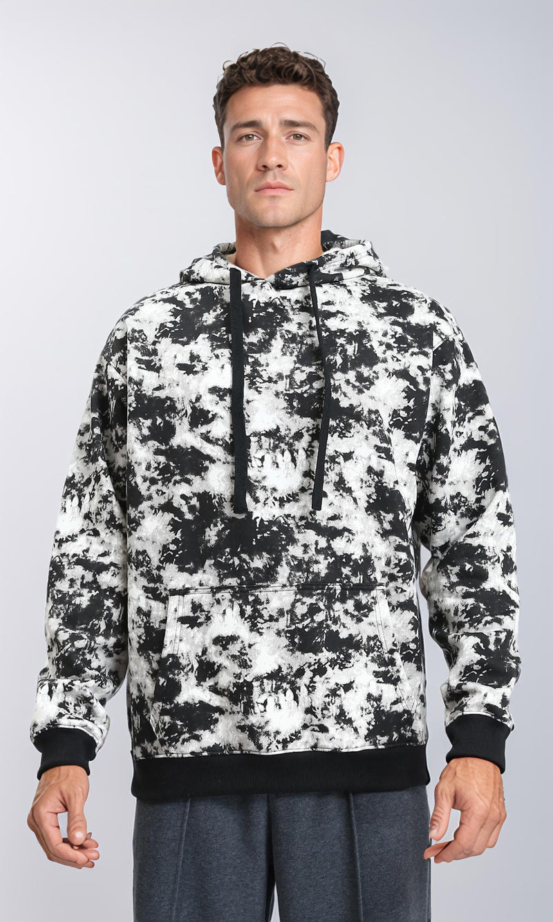 R214519 - Patterned Slip On Hoodie with Kangaroo Pocket - Black & White