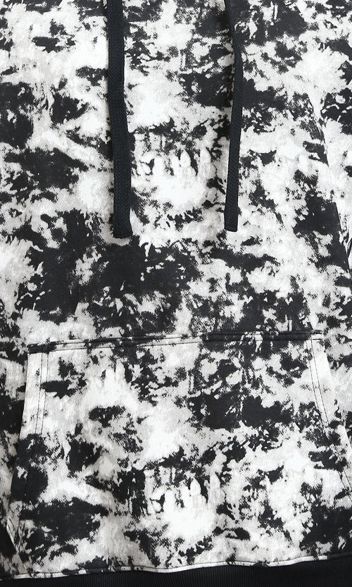 R214519 - Patterned Slip On Hoodie with Kangaroo Pocket - Black & White