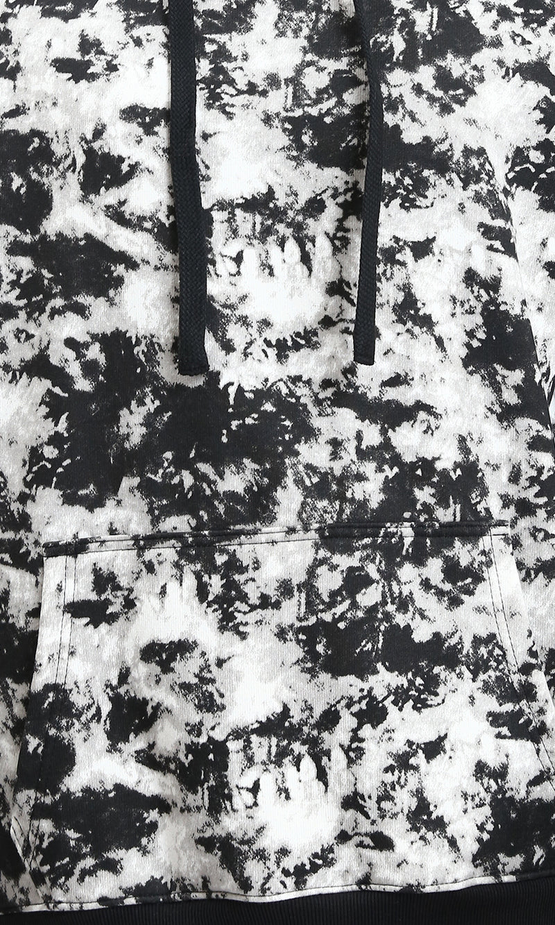 R214519 - Patterned Slip On Hoodie with Kangaroo Pocket - Black & White