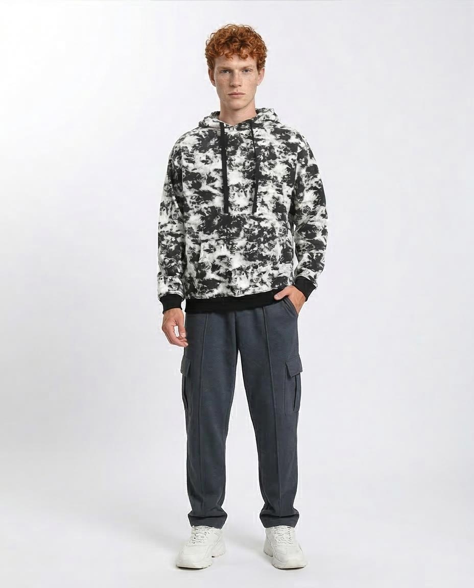 Ravin Men's Monochrome Abstract Splatter Knit Hoodie - Black & White - R214519