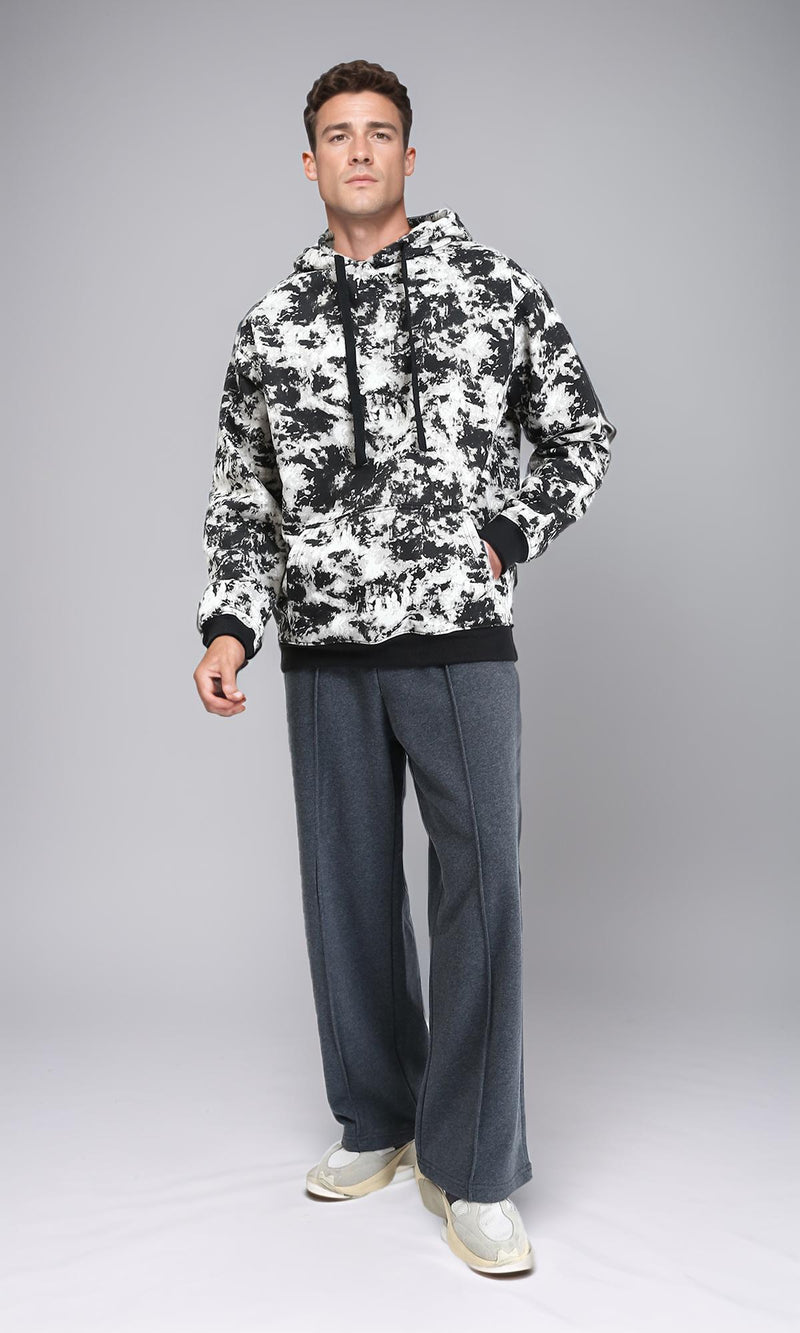 R214519 - Patterned Slip On Hoodie with Kangaroo Pocket - Black & White