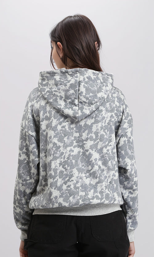 R214520 - Patterned Long Sleeves Slip On Hoodie - Grey