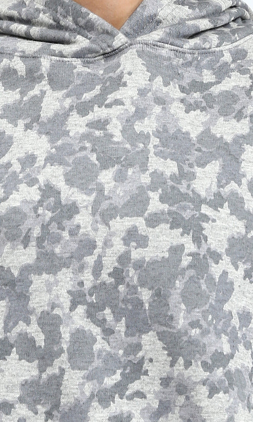 R214520 - Patterned Long Sleeves Slip On Hoodie - Grey