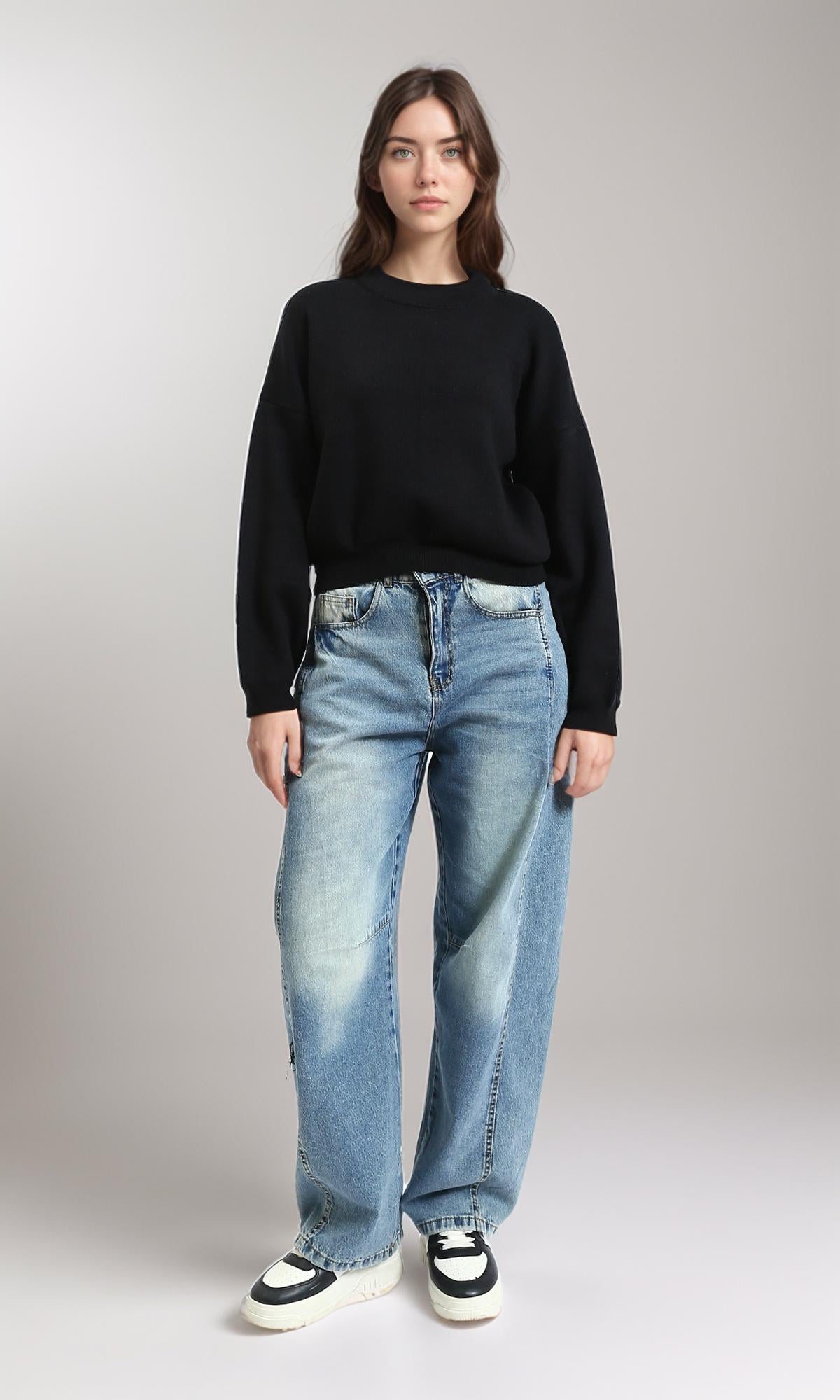 R214538 - سويت شيرت شتوي سادة بأكتاف منسدلة - أسود