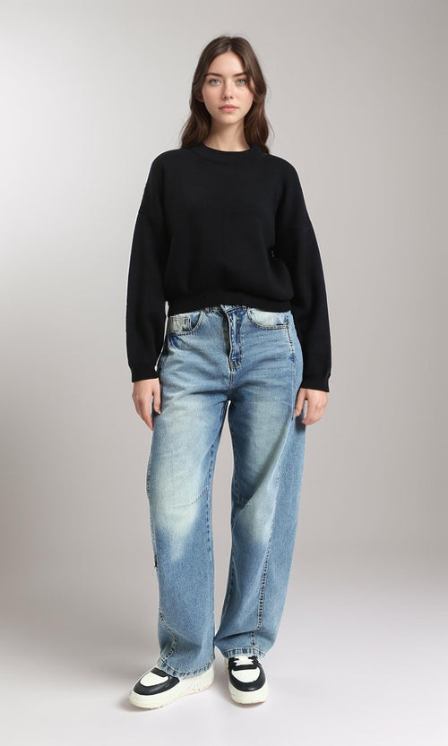 R214538 - Drop-Shoulders Solid Winter Sweatshirt - Black