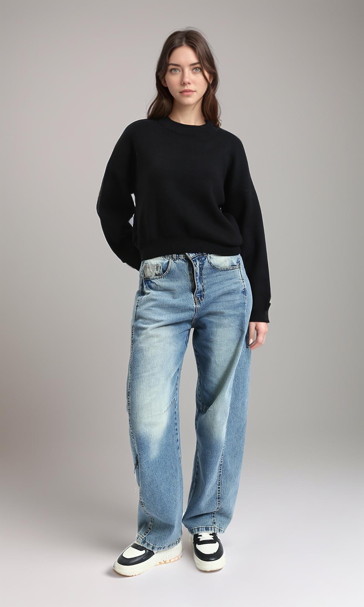 R214538 - سويت شيرت شتوي سادة بأكتاف منسدلة - أسود