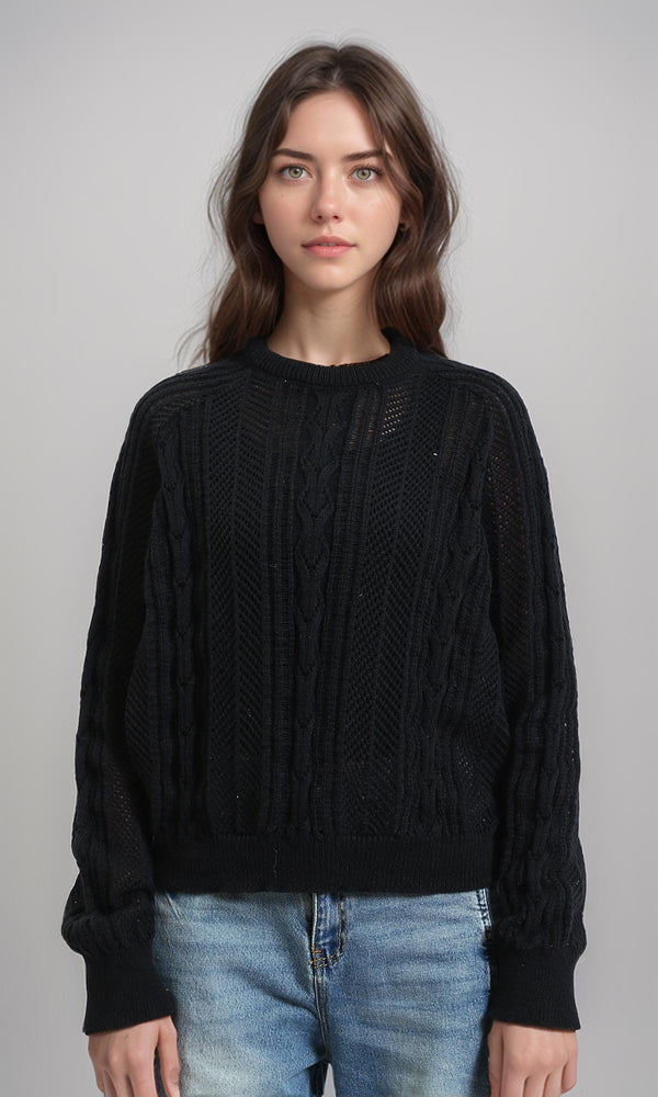 R214541 - Ribbed Round Neck Knitted Pullover - Black