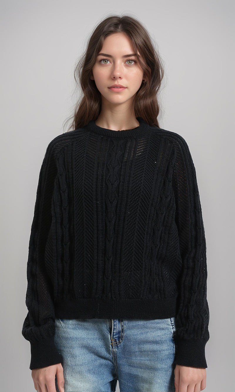 R214541 - Ribbed Round Neck Knitted Pullover - Black