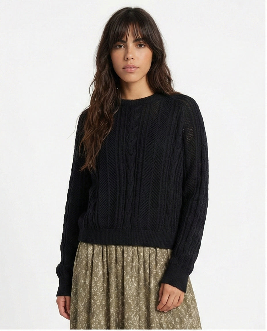 Ribbed Round Neck Knitted Pullover - Black