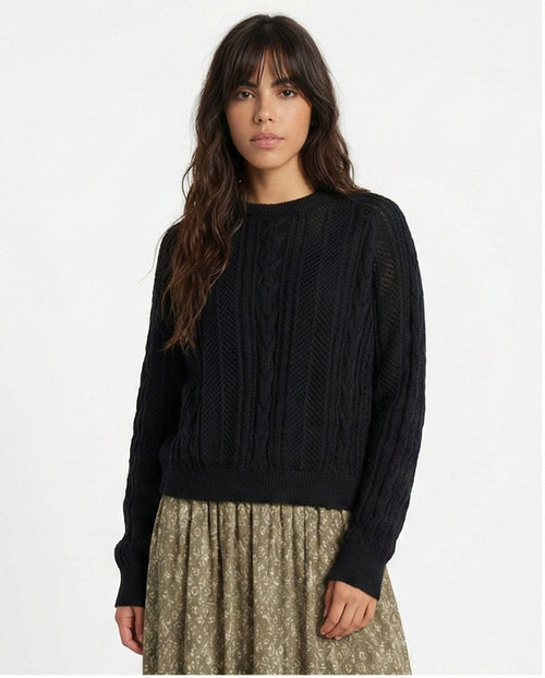 Ribbed Round Neck Knitted Pullover - Black