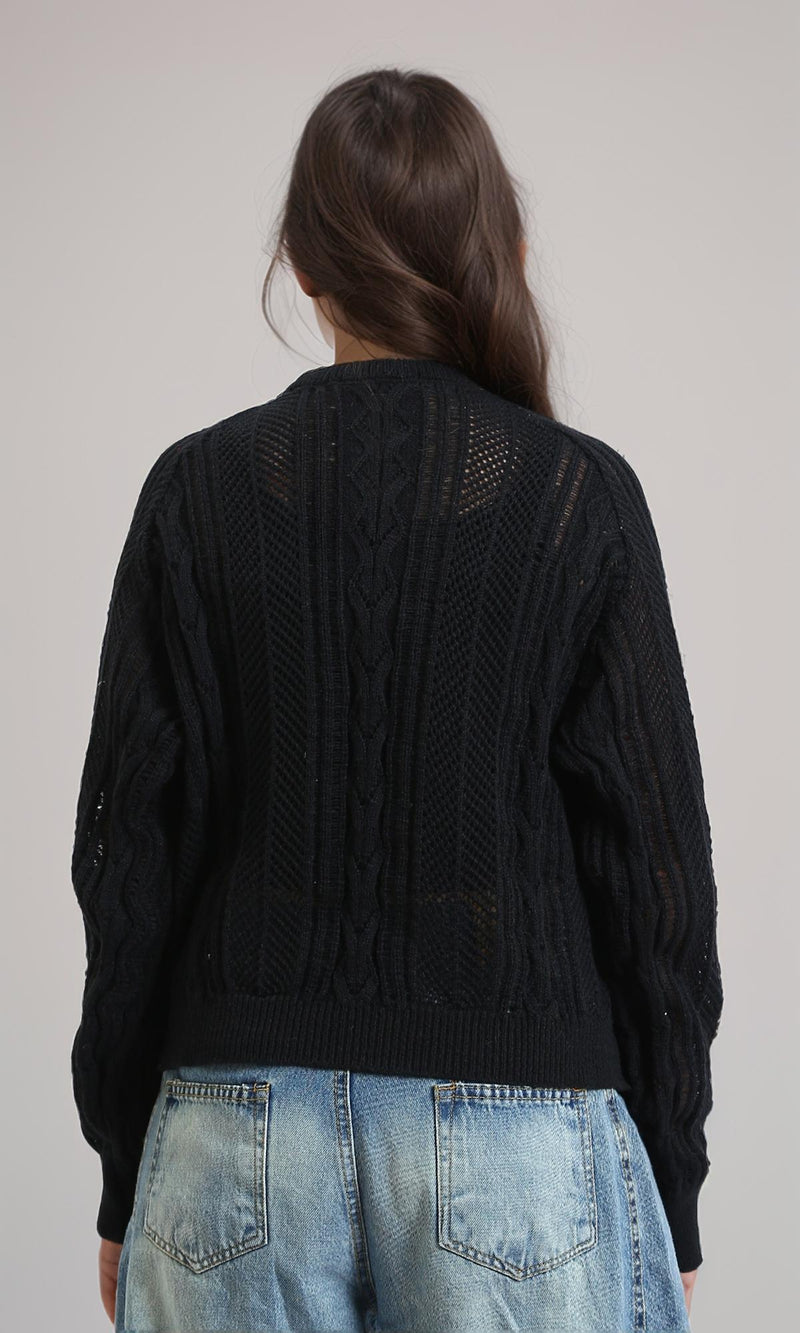 R214541 - Ribbed Round Neck Knitted Pullover - Black