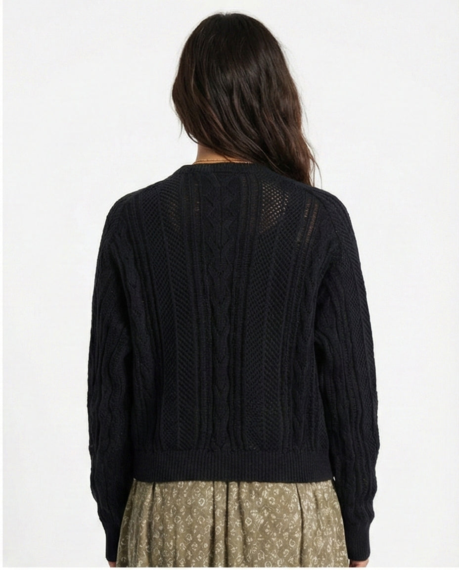 R214541 - Ribbed Round Neck Knitted Pullover - Black