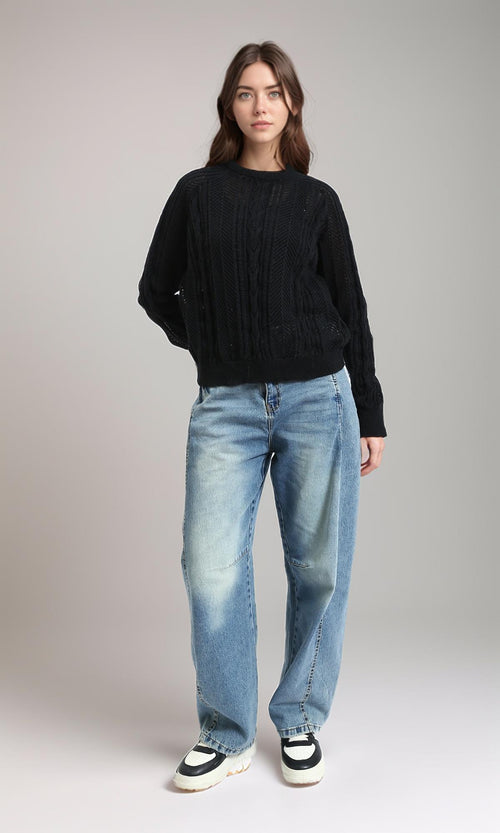 R214541 - Ribbed Round Neck Knitted Pullover - Black