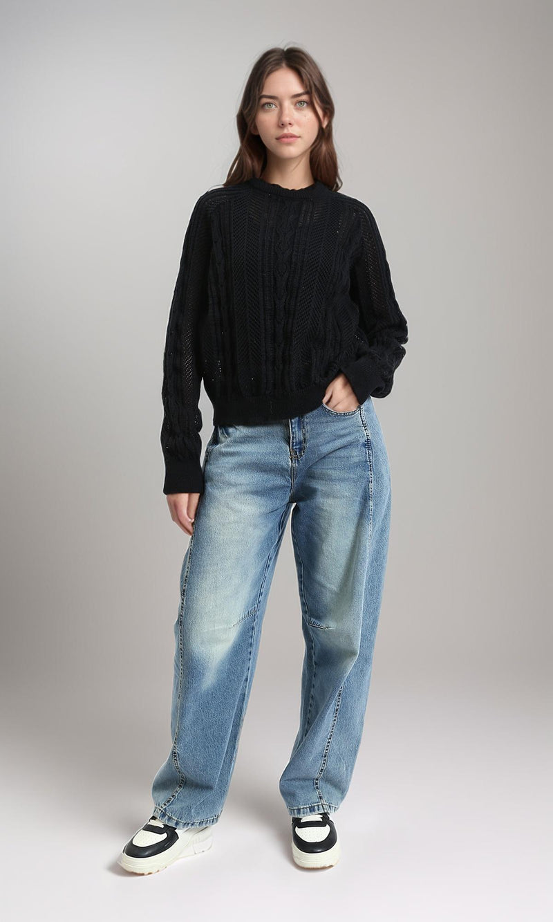 R214541 - Ribbed Round Neck Knitted Pullover - Black