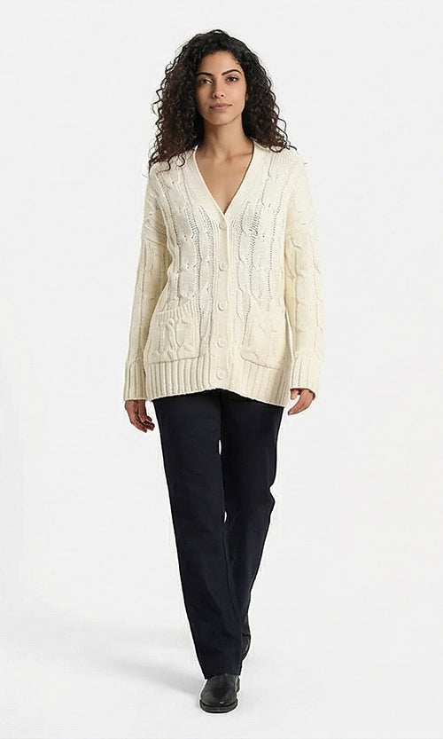 Cream Oversized Cable Knit Button-Down Cardigan