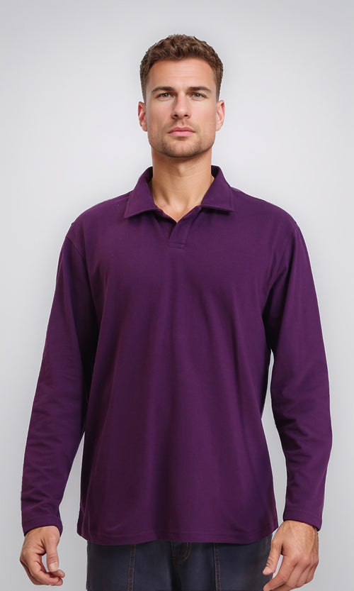 R214567 - Long Sleeves Slip On Polo Shirt - Dark Purple