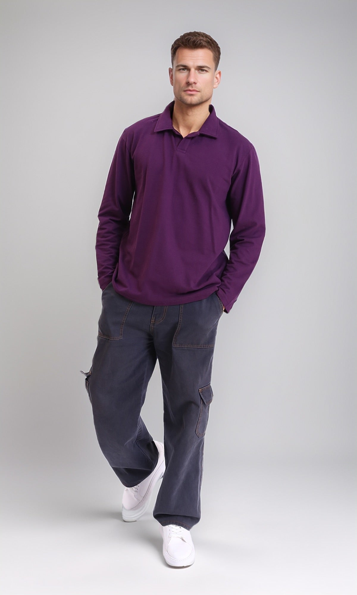 R214567 - Long Sleeves Slip On Polo Shirt - Dark Purple