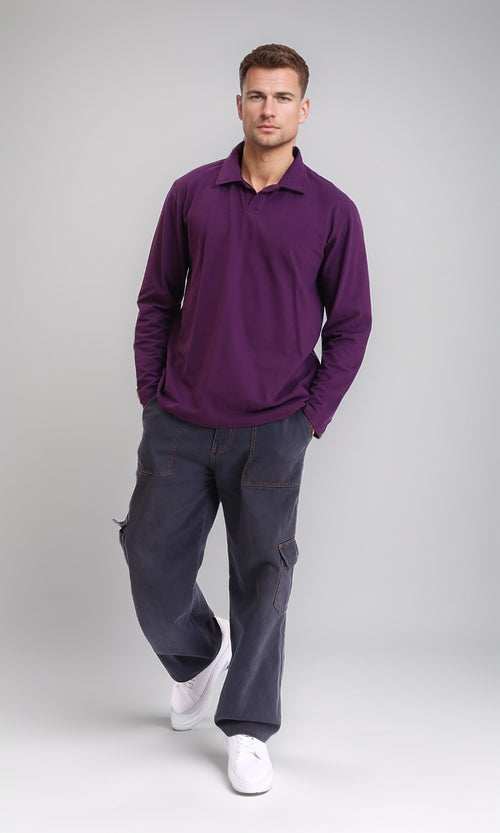 R214567 - Long Sleeves Slip On Polo Shirt - Dark Purple