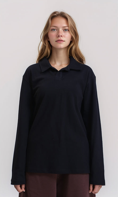 R214568 - Long Sleeves Slip On Polo Shirt - Black