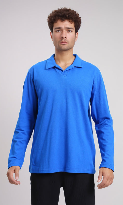 R214569 - Long Sleeves Solid Cotton Polo Shirt - Blue